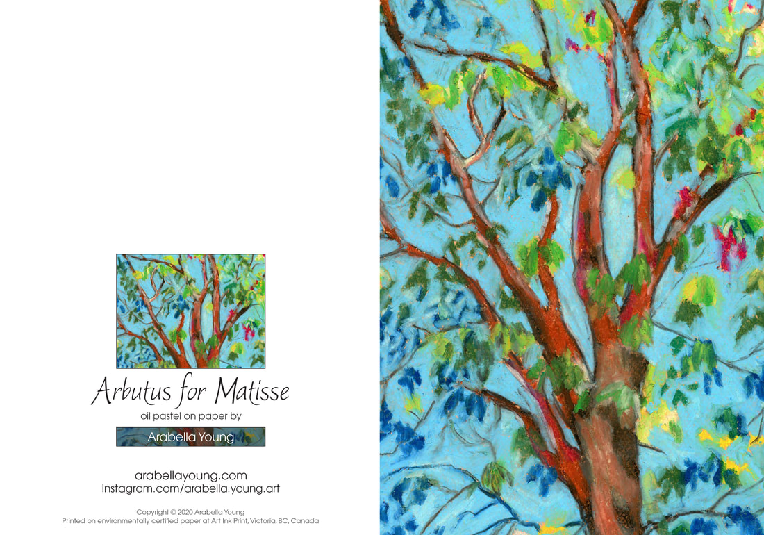 trees forest arbutus art card greeting local arabella young oil pastel fine 