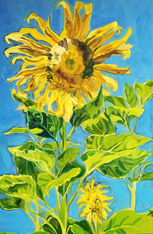 sunflower painting art arabella young van gogh garden cottage kitchen yellow sky blue robin design